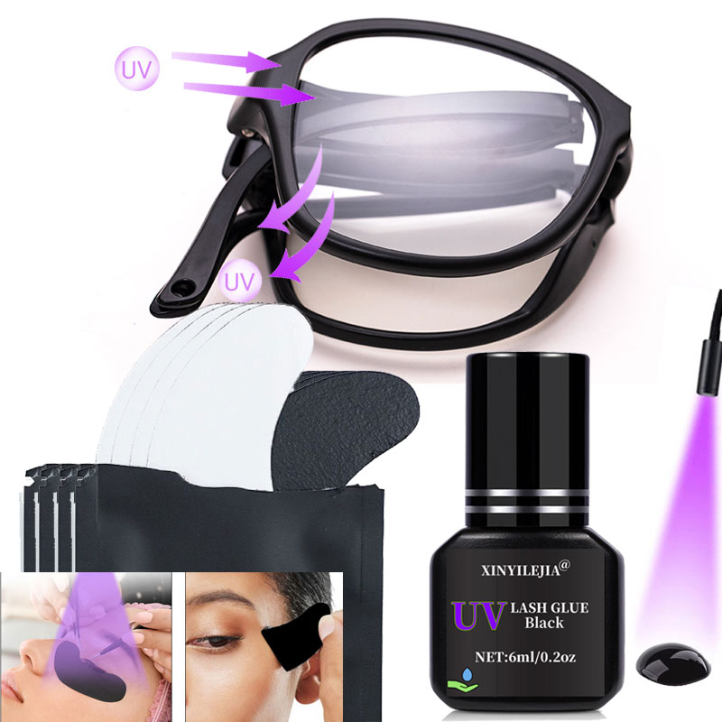 Eyelash Extension With Glasses - UVカットメガネ UVまつげ接着剤 1秒速乾 ブラックパッチ アイジェル ハイドロゲル
